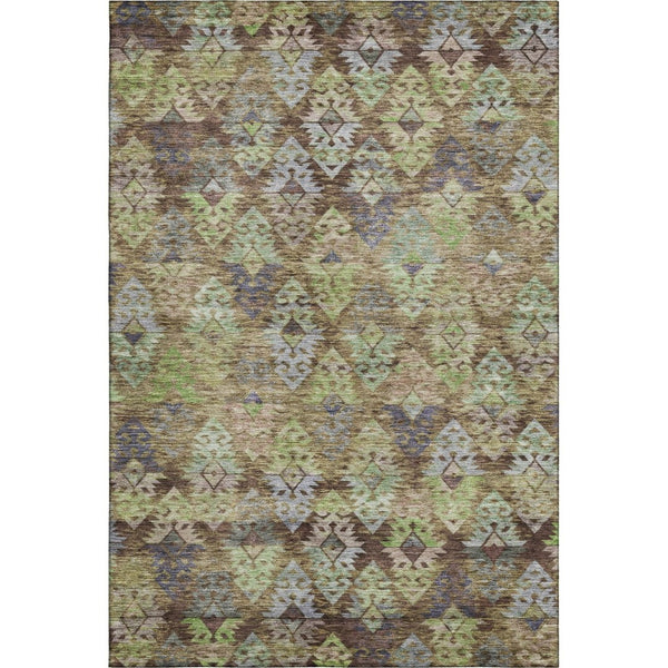 HomeRoots 10' X 14' Ikat Area Rug in Brown, Green & Gray - Washable, UV-Protected, Durable for High-Traffic Areas 695606