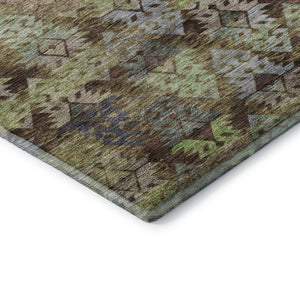 HomeRoots 10' X 14' Ikat Area Rug in Brown, Green & Gray - Washable, UV-Protected, Durable for High-Traffic Areas 695606