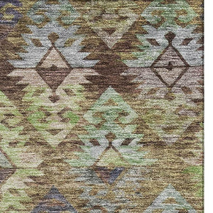 HomeRoots 10' X 14' Ikat Area Rug in Brown, Green & Gray - Washable, UV-Protected, Durable for High-Traffic Areas 695606