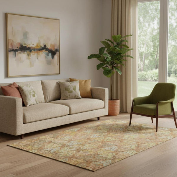 HomeRoots 5' X 8' Ikat Area Rug in Copper, Gold & Beige – Washable, UV Resistant, Durable for High Traffic Areas 695608