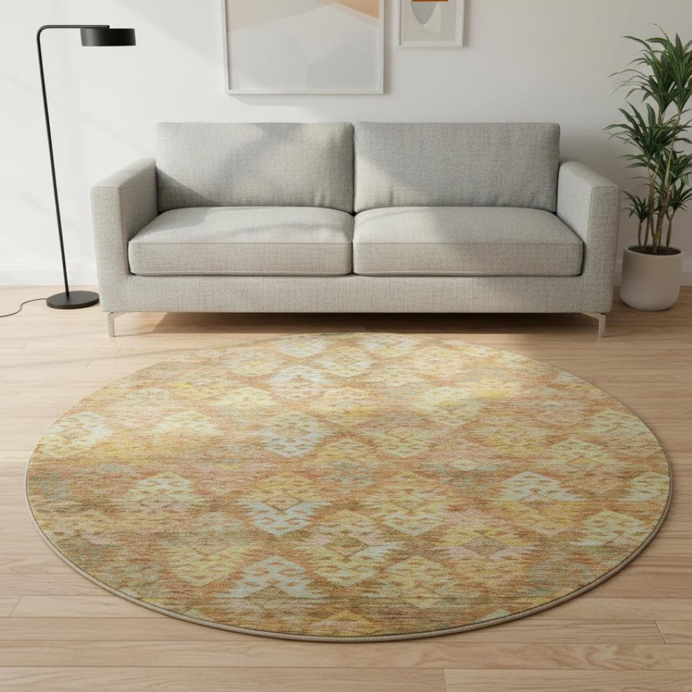 HomeRoots 8' Copper Gold & Beige Ikat Washable Round Rug - Durable, UV-Resistant, Stylish for Any Room! 695609