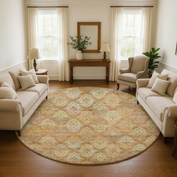 HomeRoots 8' Copper Gold & Beige Ikat Washable Round Rug - Durable, UV-Resistant, Stylish for Any Room! 695609