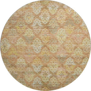 HomeRoots 8' Copper Gold & Beige Ikat Washable Round Rug - Durable, UV-Resistant, Stylish for Any Room! 695609