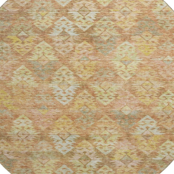 HomeRoots 8' Copper Gold & Beige Ikat Washable Round Rug - Durable, UV-Resistant, Stylish for Any Room! 695609