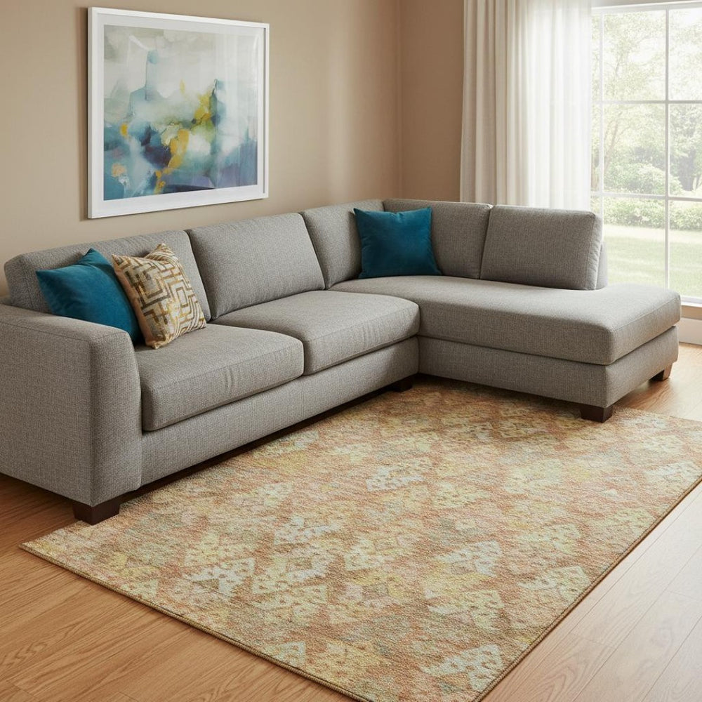 HomeRoots 8' X 10' Ikat Area Rug in Copper Gold & Beige - Washable, UV Protected, Pet-Friendly Design for Homes 695610
