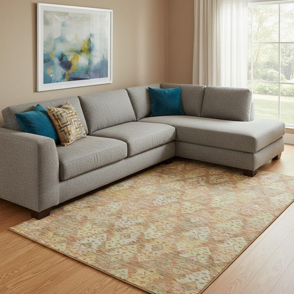 HomeRoots 8' X 10' Ikat Area Rug in Copper Gold & Beige - Washable, UV Protected, Pet-Friendly Design for Homes 695610
