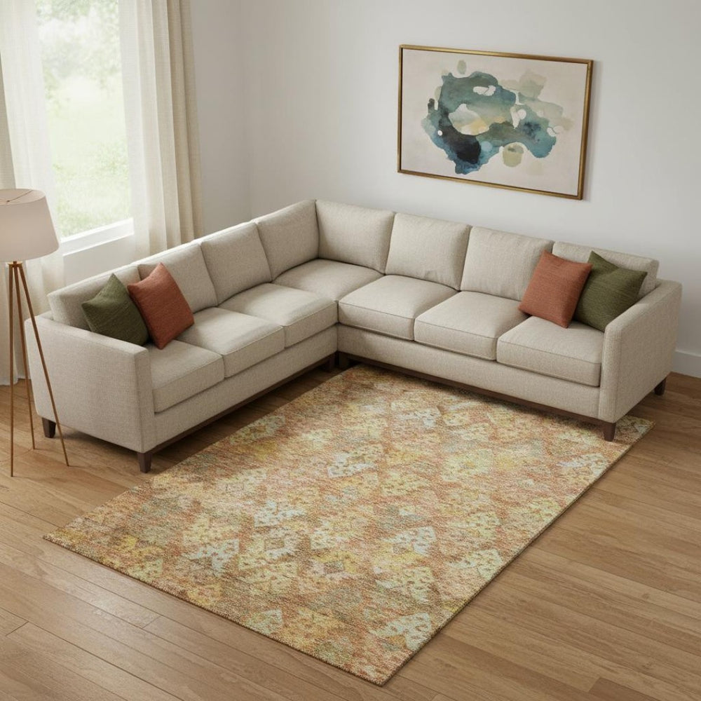 HomeRoots 9' X 12' Ikat Area Rug in Copper, Gold, and Beige – Durable, Washable, UV-Protected for Busy Homes 695611