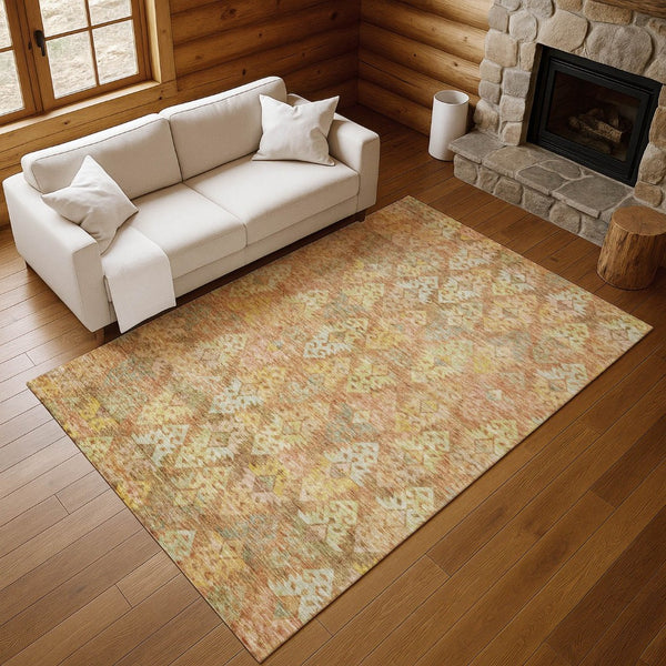 HomeRoots 10' X 14' Ikat Washable Area Rug in Copper Gold & Beige - Durable, Stain Resistant, UV Protected! 695612