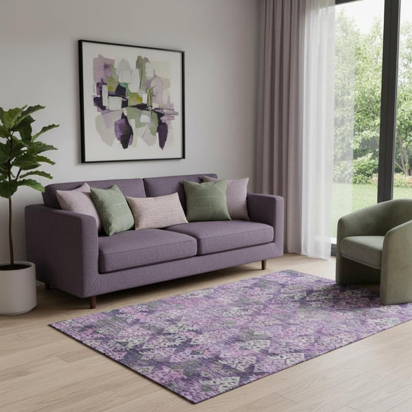 HomeRoots 5' X 8' Stylish Eggplant Lavender Gray Ikat Area Rug - Washable, UV Protected, Non-Slip Design 695614