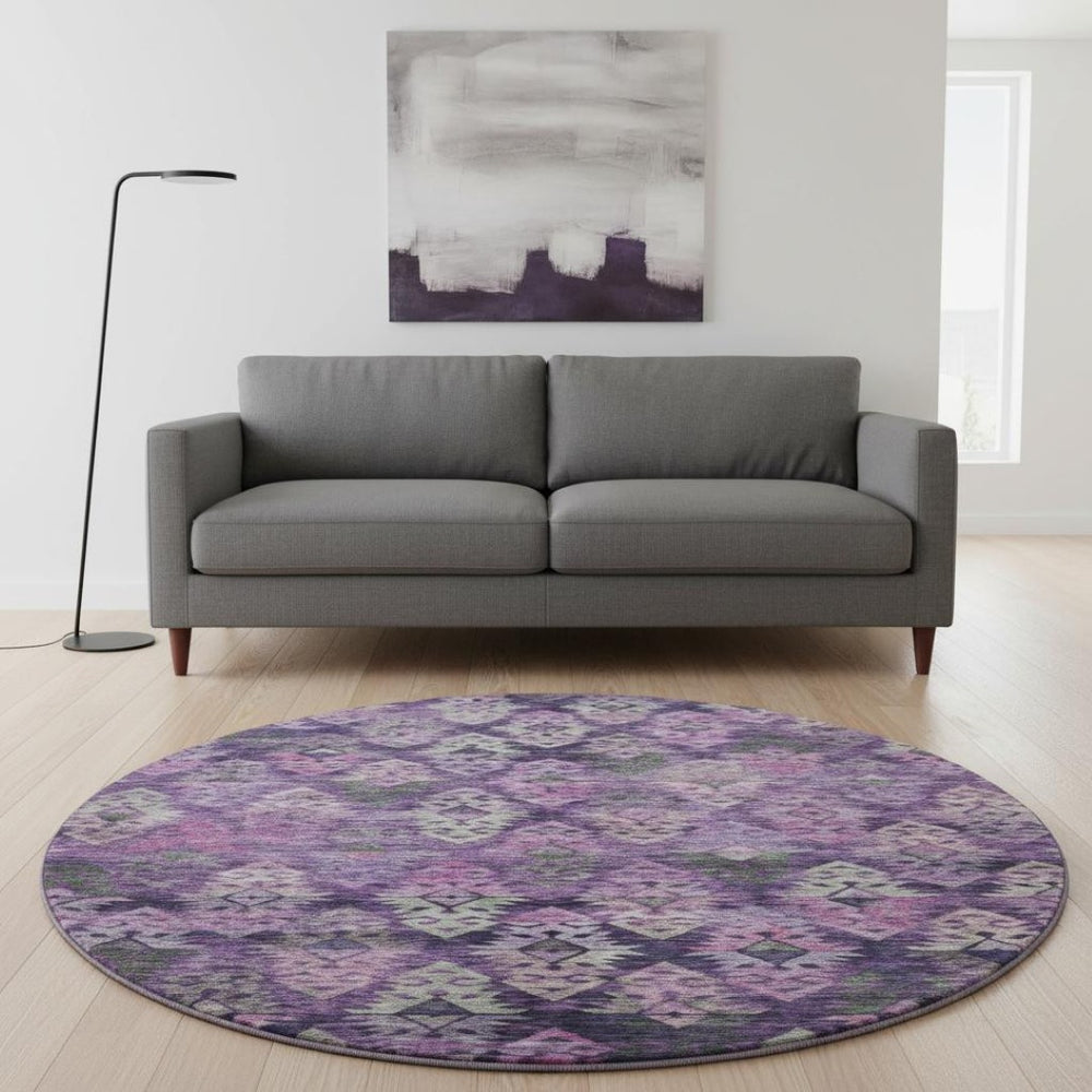 HomeRoots 8' Stunning Eggplant Lavender Gray Ikat Washable Round Rug – UV Protected, Pet-Friendly & Stylish 695615