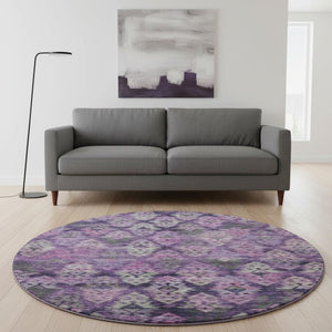 HomeRoots 8' Stunning Eggplant Lavender Gray Ikat Washable Round Rug – UV Protected, Pet-Friendly & Stylish 695615