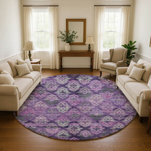 HomeRoots 8' Stunning Eggplant Lavender Gray Ikat Washable Round Rug – UV Protected, Pet-Friendly & Stylish 695615