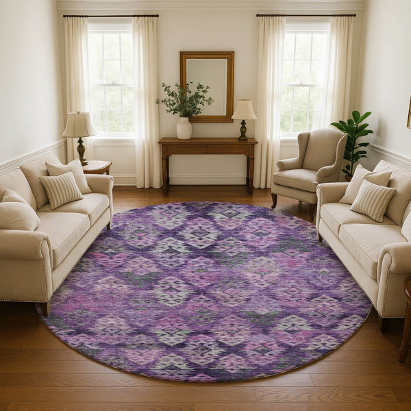 HomeRoots 8' Stunning Eggplant Lavender Gray Ikat Washable Round Rug – UV Protected, Pet-Friendly & Stylish 695615