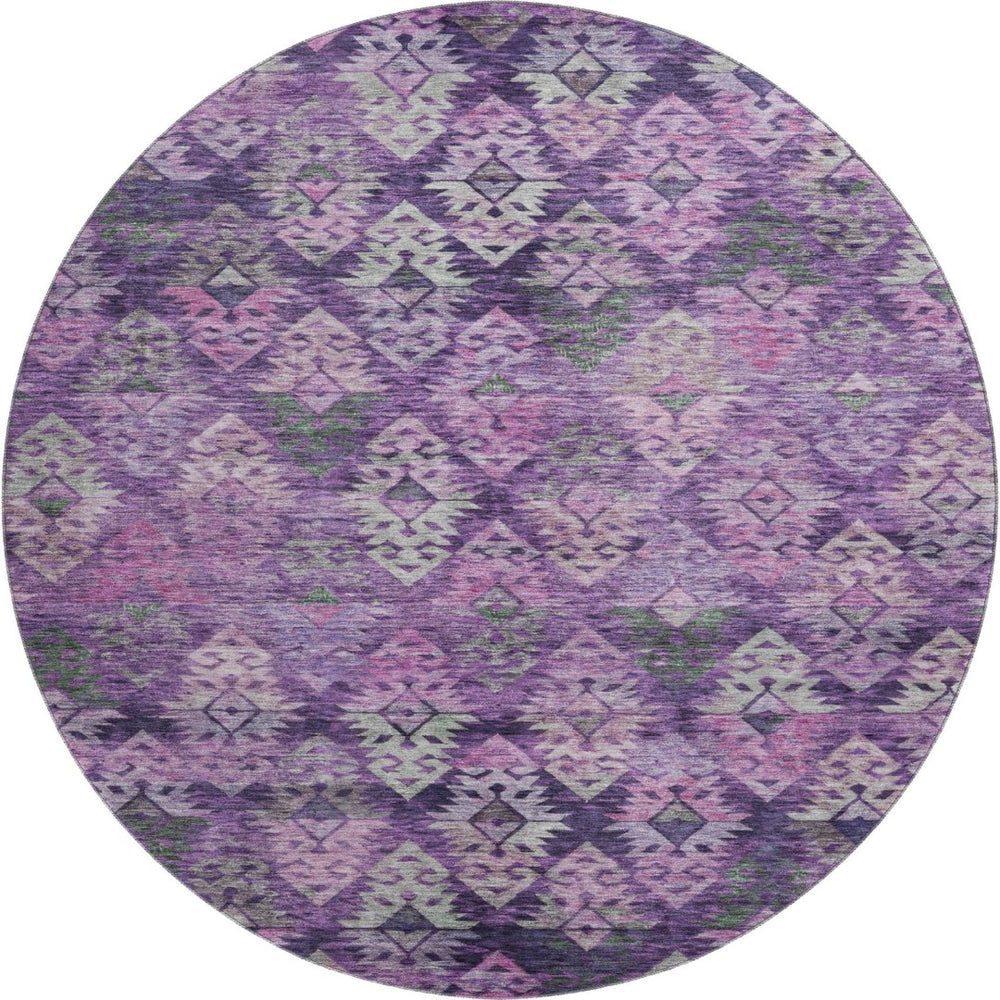 HomeRoots 8' Stunning Eggplant Lavender Gray Ikat Washable Round Rug – UV Protected, Pet-Friendly & Stylish 695615