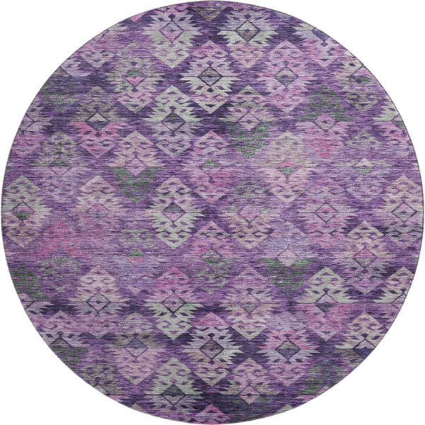 HomeRoots 8' Stunning Eggplant Lavender Gray Ikat Washable Round Rug – UV Protected, Pet-Friendly & Stylish 695615