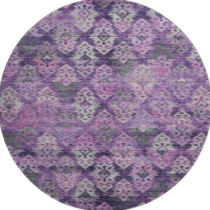 HomeRoots 8' Stunning Eggplant Lavender Gray Ikat Washable Round Rug – UV Protected, Pet-Friendly & Stylish 695615