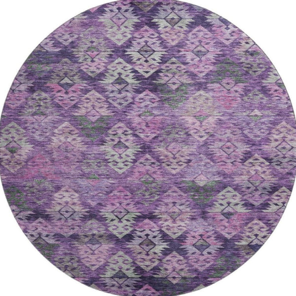 HomeRoots 8' Stunning Eggplant Lavender Gray Ikat Washable Round Rug – UV Protected, Pet-Friendly & Stylish 695615