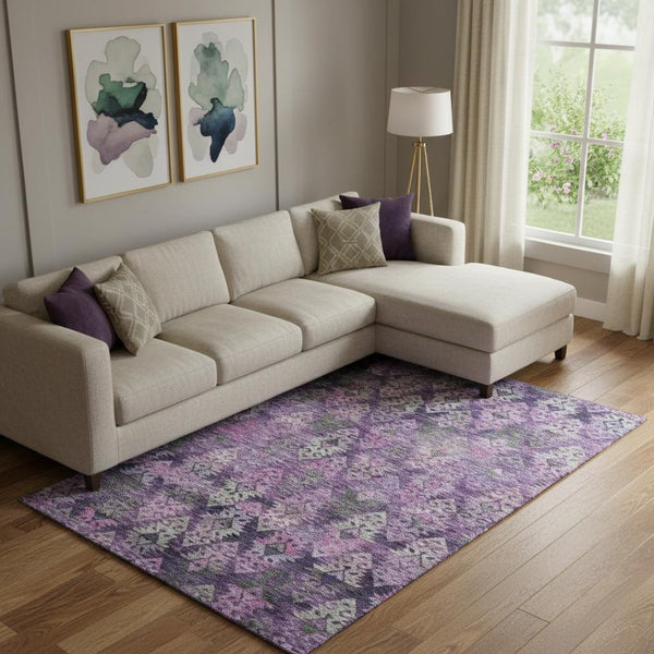 HomeRoots 9' X 12' Washable Ikat Area Rug in Eggplant & Lavender - Durable, Stain-Resistant, UV Protected Design 695617