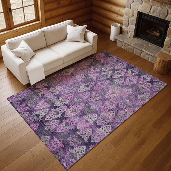 HomeRoots 9' X 12' Washable Ikat Area Rug in Eggplant & Lavender - Durable, Stain-Resistant, UV Protected Design 695617
