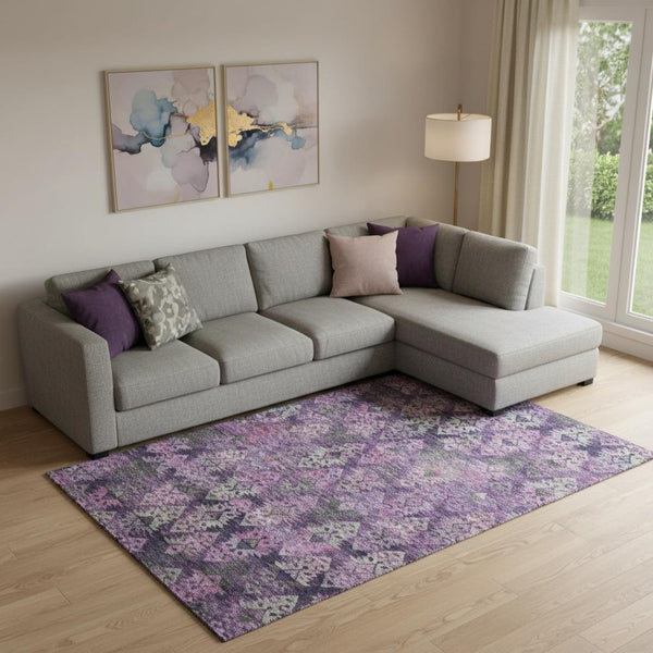 HomeRoots 10' X 14' Washable Ikat Area Rug in Eggplant, Lavender & Gray - UV Protected, Non-Slip, Durable Design 695618