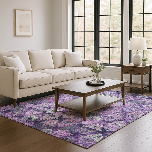 HomeRoots 10' X 14' Washable Ikat Area Rug in Eggplant, Lavender & Gray - UV Protected, Non-Slip, Durable Design 695618