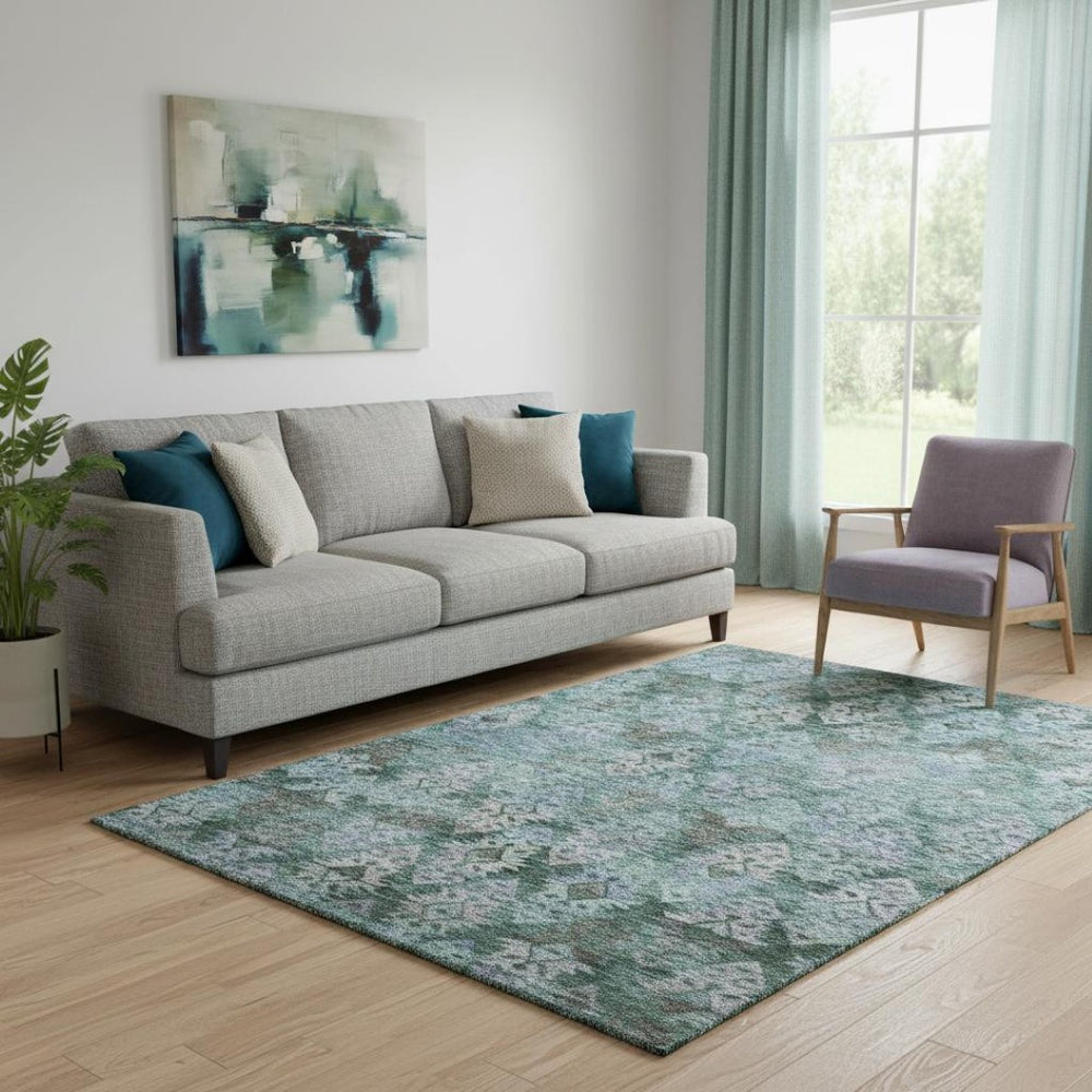 HomeRoots 5' X 8' Emerald Teal and Gray Ikat Area Rug - Washable, UV-Protected, Durable for Busy Homes 695620