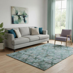 HomeRoots 5' X 8' Emerald Teal and Gray Ikat Area Rug - Washable, UV-Protected, Durable for Busy Homes 695620