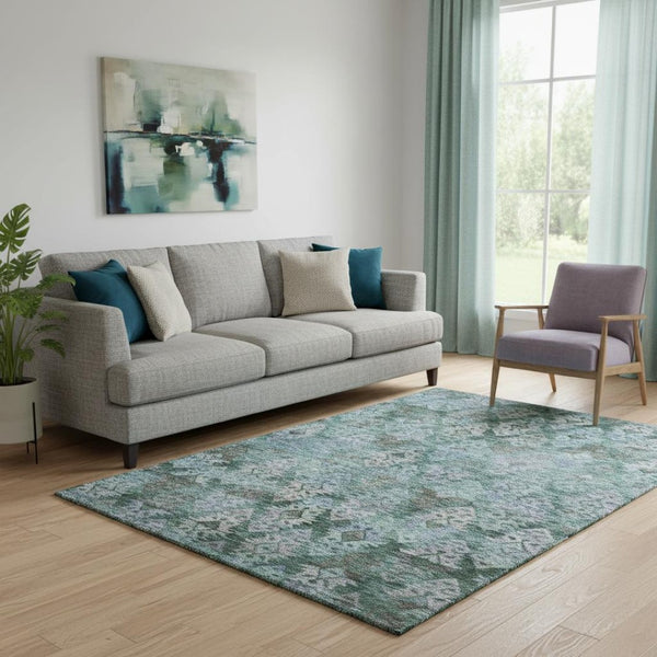 HomeRoots 5' X 8' Emerald Teal and Gray Ikat Area Rug - Washable, UV-Protected, Durable for Busy Homes 695620