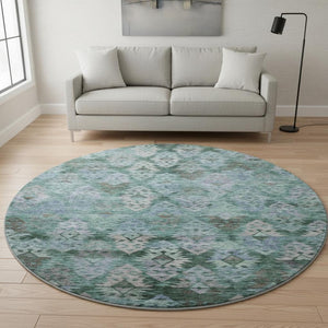 HomeRoots 8' Emerald Teal & Gray Ikat Round Rug – Washable, UV-Protected, Durable for High-Traffic Areas! 695621