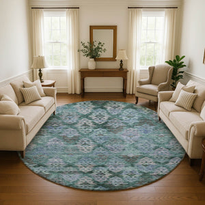 HomeRoots 8' Emerald Teal & Gray Ikat Round Rug – Washable, UV-Protected, Durable for High-Traffic Areas! 695621