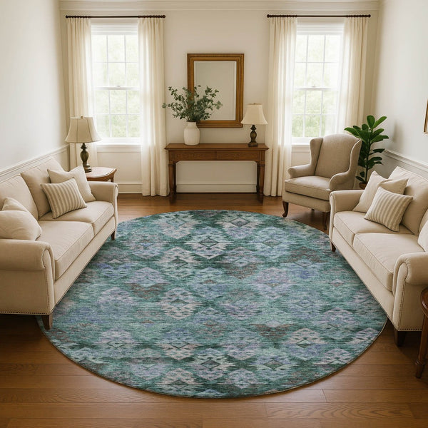 HomeRoots 8' Emerald Teal & Gray Ikat Round Rug – Washable, UV-Protected, Durable for High-Traffic Areas! 695621