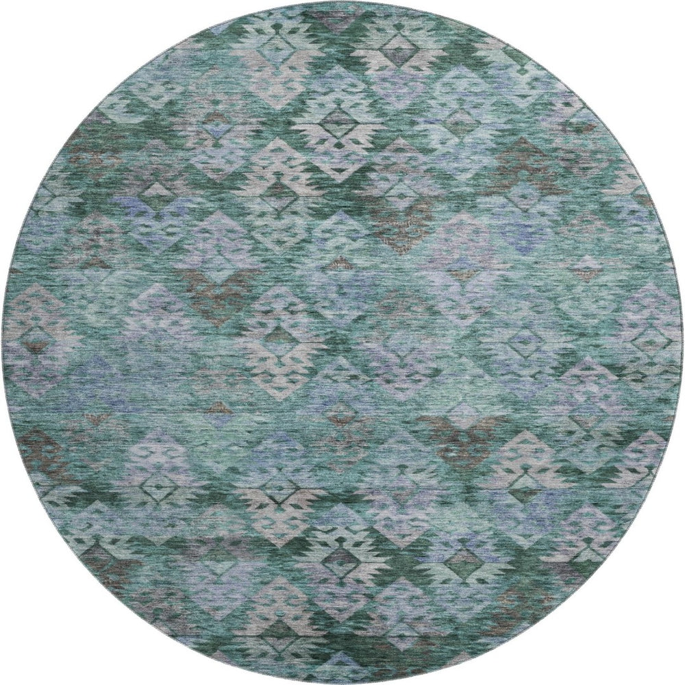HomeRoots 8' Emerald Teal & Gray Ikat Round Rug – Washable, UV-Protected, Durable for High-Traffic Areas! 695621