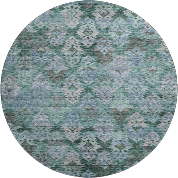 HomeRoots 8' Emerald Teal & Gray Ikat Round Rug – Washable, UV-Protected, Durable for High-Traffic Areas! 695621