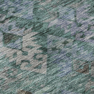 HomeRoots 8' Emerald Teal & Gray Ikat Round Rug – Washable, UV-Protected, Durable for High-Traffic Areas! 695621