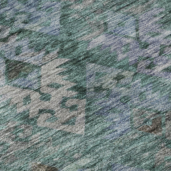 HomeRoots 8' Emerald Teal & Gray Ikat Round Rug – Washable, UV-Protected, Durable for High-Traffic Areas! 695621