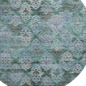 HomeRoots 8' Emerald Teal & Gray Ikat Round Rug – Washable, UV-Protected, Durable for High-Traffic Areas! 695621