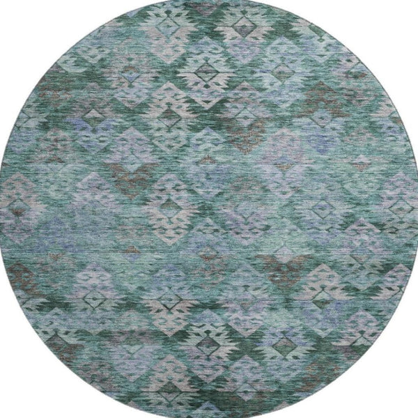 HomeRoots 8' Emerald Teal & Gray Ikat Round Rug – Washable, UV-Protected, Durable for High-Traffic Areas! 695621