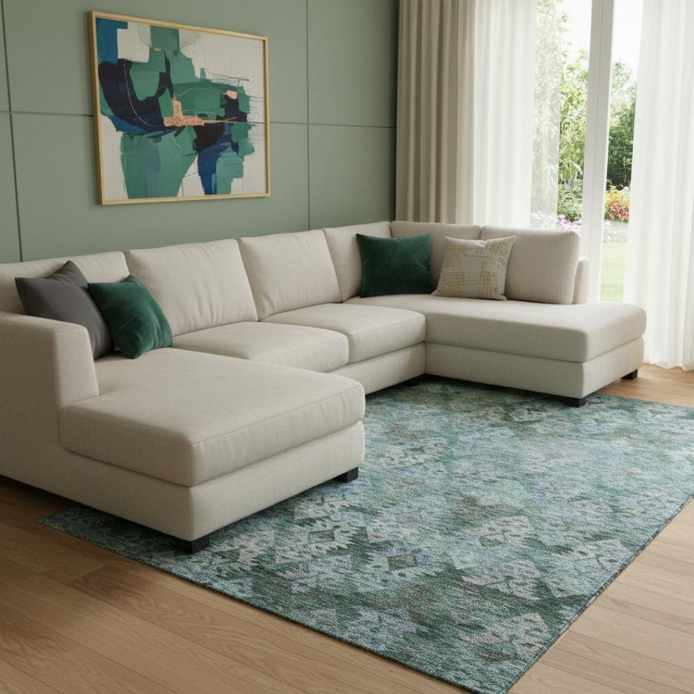 HomeRoots 8' X 10' Stylish Emerald Teal & Gray Ikat Area Rug - Washable, UV Protected, Perfect for Busy Homes! 695622