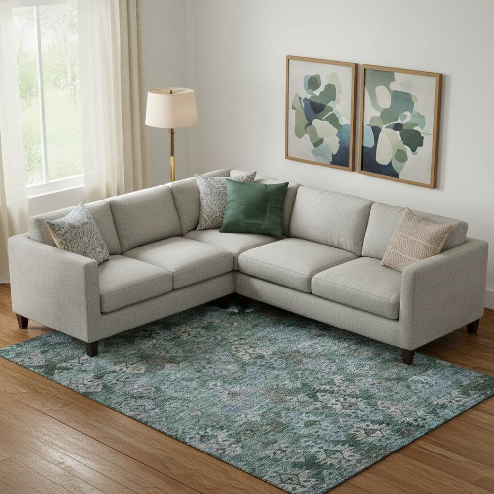 HomeRoots 9' X 12' Vibrant Emerald Teal & Gray Ikat Washable Area Rug with UV Protection for Modern Homes 695623