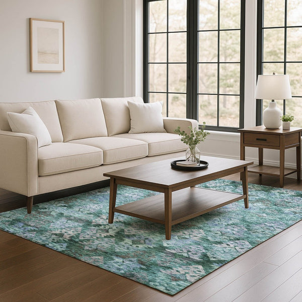 HomeRoots 9' X 12' Vibrant Emerald Teal & Gray Ikat Washable Area Rug with UV Protection for Modern Homes 695623