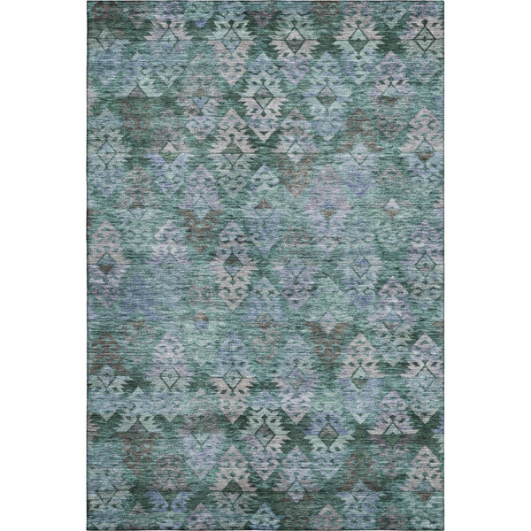 HomeRoots 9' X 12' Vibrant Emerald Teal & Gray Ikat Washable Area Rug with UV Protection for Modern Homes 695623