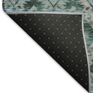 HomeRoots 9' X 12' Vibrant Emerald Teal & Gray Ikat Washable Area Rug with UV Protection for Modern Homes 695623