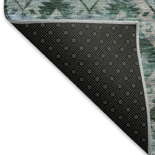HomeRoots 9' X 12' Vibrant Emerald Teal & Gray Ikat Washable Area Rug with UV Protection for Modern Homes 695623