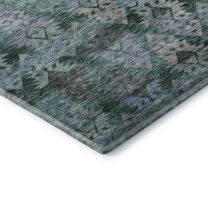 HomeRoots 9' X 12' Vibrant Emerald Teal & Gray Ikat Washable Area Rug with UV Protection for Modern Homes 695623