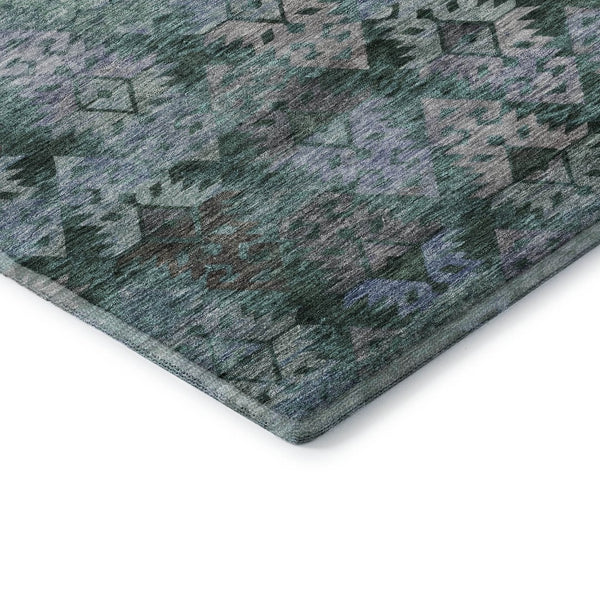 HomeRoots 9' X 12' Vibrant Emerald Teal & Gray Ikat Washable Area Rug with UV Protection for Modern Homes 695623
