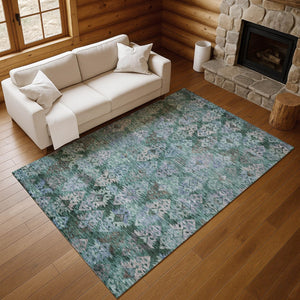 HomeRoots 9' X 12' Vibrant Emerald Teal & Gray Ikat Washable Area Rug with UV Protection for Modern Homes 695623
