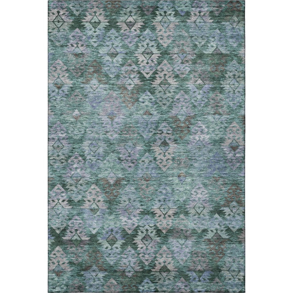 HomeRoots 9' X 12' Vibrant Emerald Teal & Gray Ikat Washable Area Rug with UV Protection for Modern Homes 695623