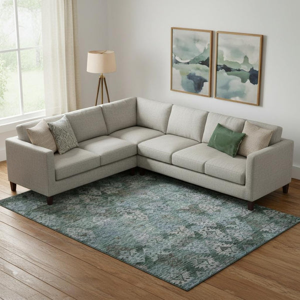 HomeRoots 10' Emerald Teal & Gray Ikat Area Rug - Washable, UV-Protected, Durable Design for Any Space 695624