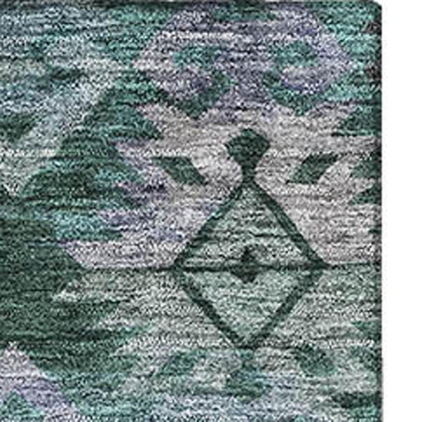 HomeRoots 10' Emerald Teal & Gray Ikat Area Rug - Washable, UV-Protected, Durable Design for Any Space 695624