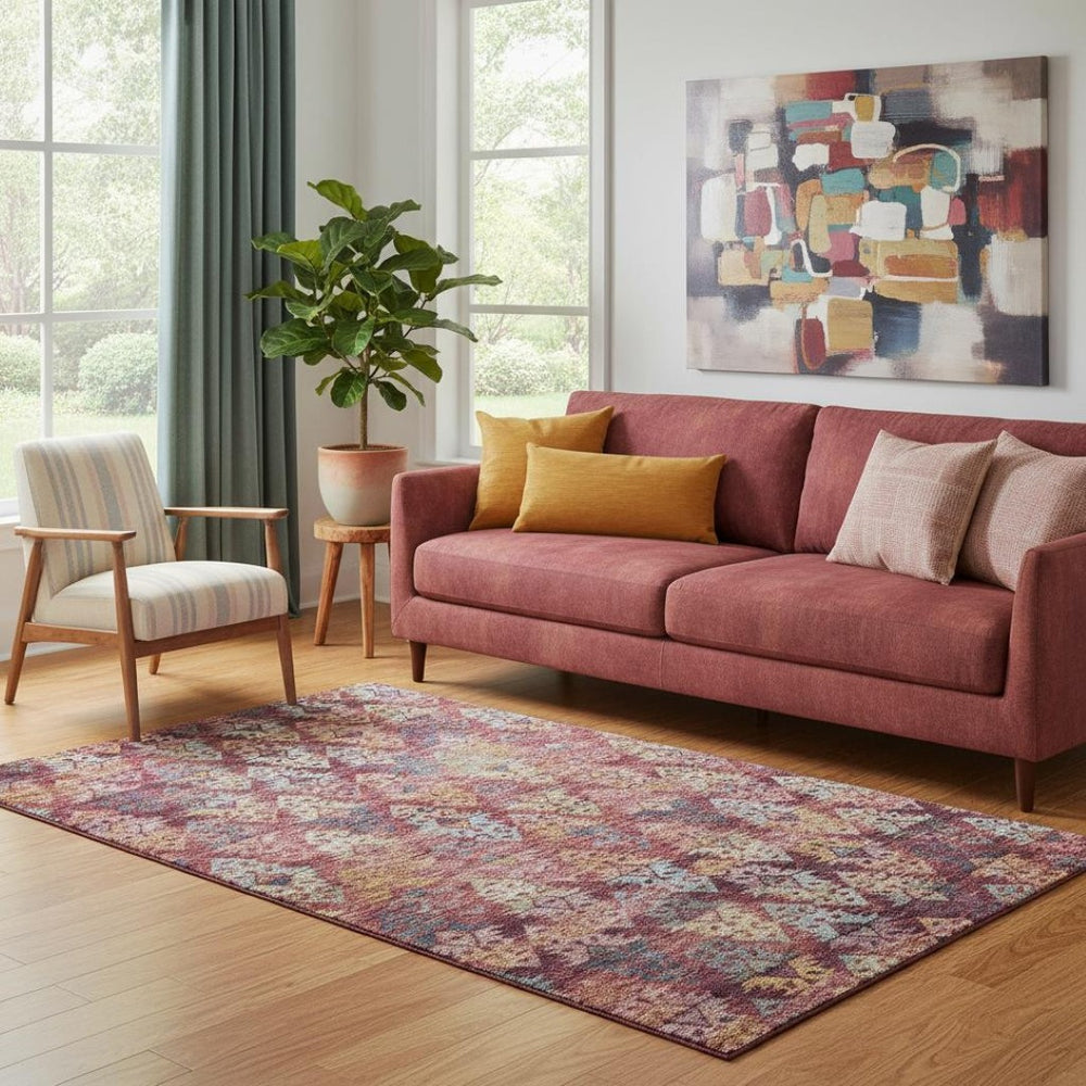 HomeRoots 5' X 8' Ikat Area Rug in Rust, Gold & Gray - Washable, Stain-Resistant, UV Protected, Non-Slip Backing 695626